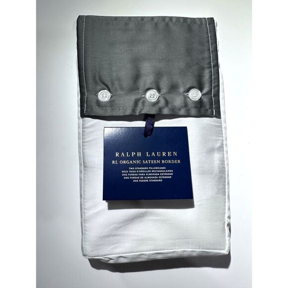 Ralph Lauren Organic Cotton Border Sateen standard Pillowcase Pair white Graphit - Picture 1 of 4